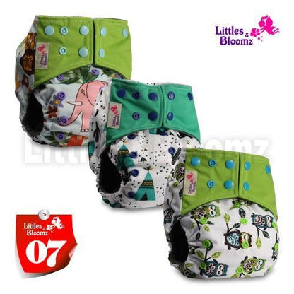 Stevvex cloth diaper set 3 nappies with green teal prints and snap pockets Littles & Bloomz logo on Tampa Home & Garden Store