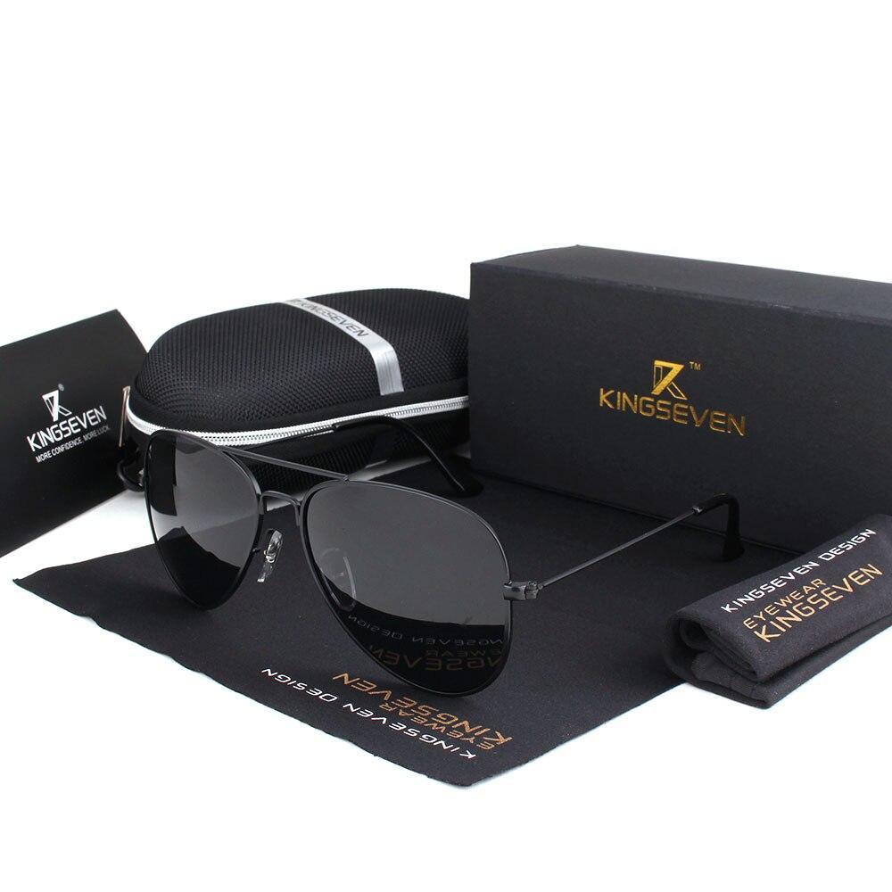 Stevvex unisex polarized aviator sunglasses with black metal frame and dark lenses KingSeven box on Tampa Home & Garden Store