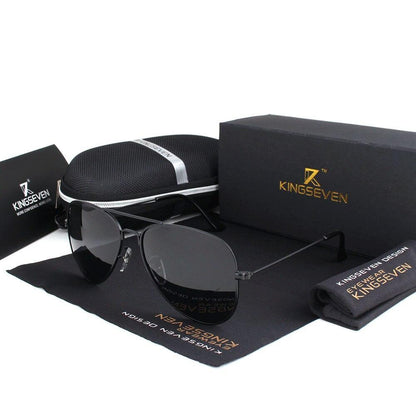 Stevvex unisex polarized aviator sunglasses with black metal frame and dark lenses KingSeven box on Tampa Home & Garden Store
