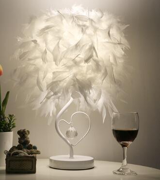 Stevvex table lamp with heart-shaped white feather shade on white base on Tampa Home & Garden Store
