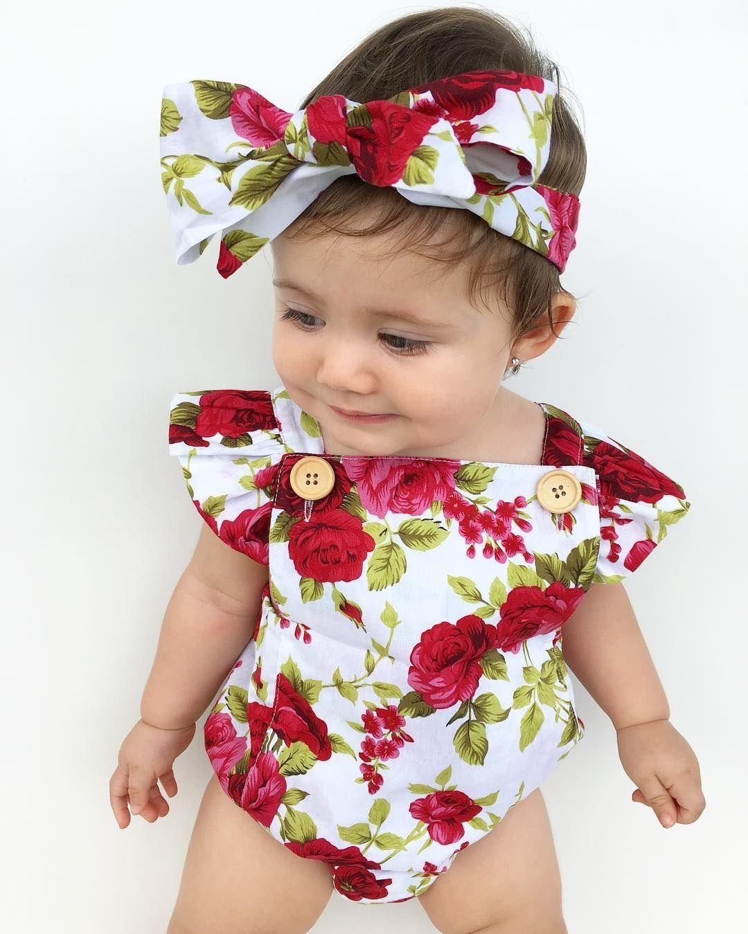 Floral baby romper set with headband by Stevvex; red rose print, white base, wooden buttons on Tampa Home & Garden Store