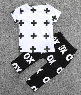 Stevvex baby boy set white shirt with black cross prints and black pants with white letters on Tampa Home & Garden Store