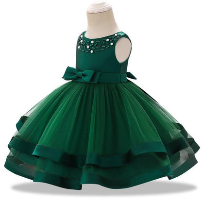 Emerald green lace tutu dress for baby girls by Stevvex with beaded neckline and bow belt on Tampa Home & Garden Store