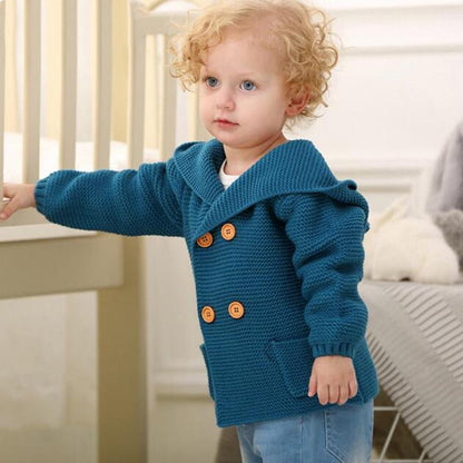 Knitted newborn cardigan with hood in blue, Stevvex, wooden buttons and pockets on Tampa Home & Garden Store