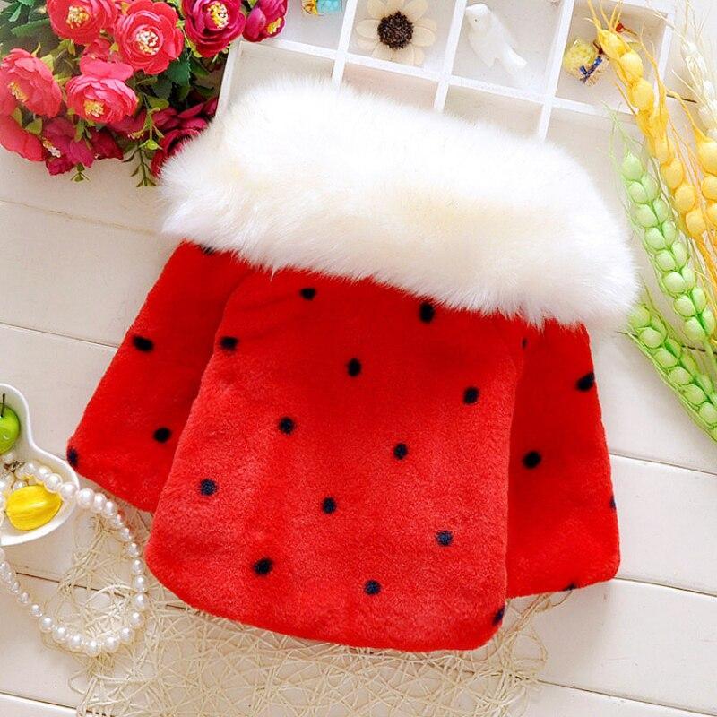 Baby fleece red coat Stevvex with white faux fur collar and black polka dots on Tampa Home & Garden Store