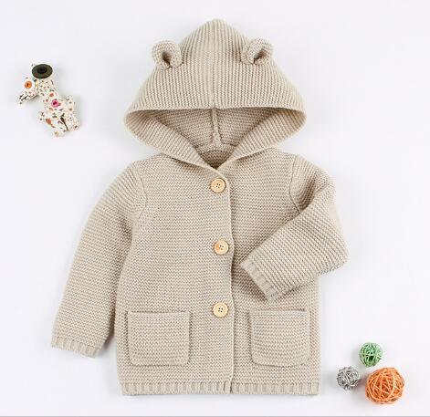 Beige knit baby cardigan with hood and bear-ear design, Stevvex coat on Tampa Home & Garden Store