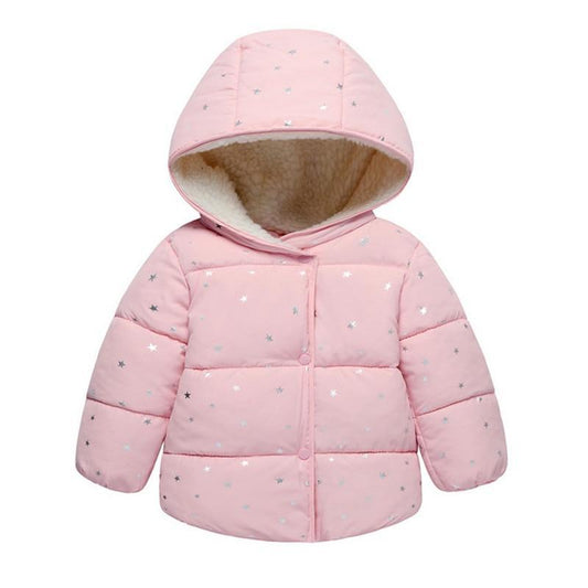 Stevvex pink hooded baby padded jacket with plush lining and silver star print for girls on Tampa Home & Garden Store