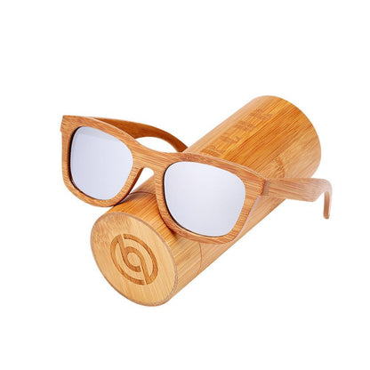 Handmade bamboo wood sunglasses with polarized lenses on a bamboo cylindrical case on Tampa Home & Garden Store