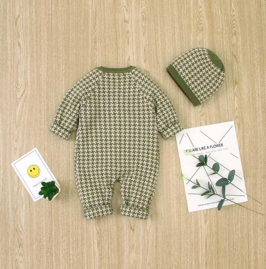 Stevvex two piece newborn knitted romper with plaid hat in olive beige cotton on Tampa Home & Garden Store