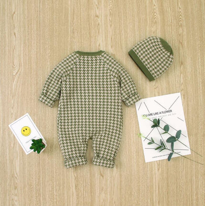 Stevvex two piece newborn knitted romper with plaid hat in olive beige cotton on Tampa Home & Garden Store