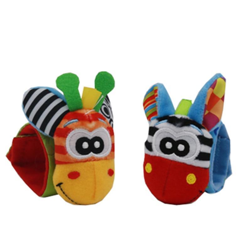 Stevvex set of 2 plush wrist rattles for babies, colorful animal faces with striped ears on Tampa Home & Garden Store