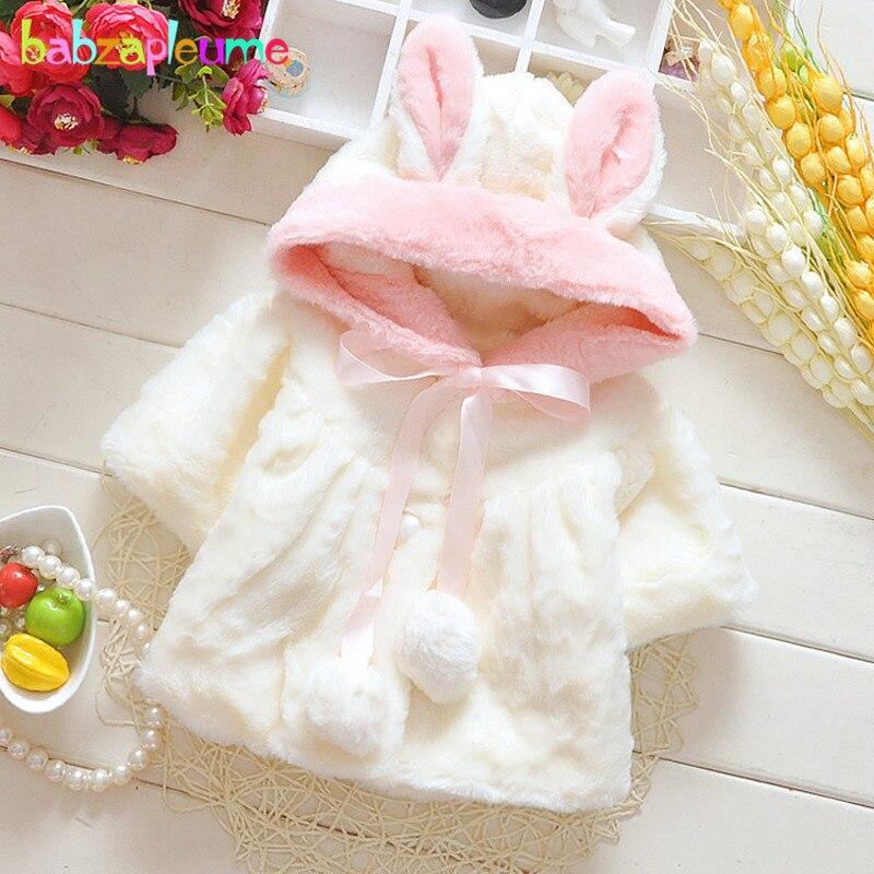 Stevvex baby girls faux fur coat with pink bunny hood white plush outerwear pink satin bow on Tampa Home & Garden Store