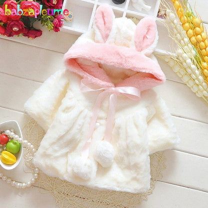 Stevvex baby girls faux fur coat with pink bunny hood white plush outerwear pink satin bow on Tampa Home & Garden Store
