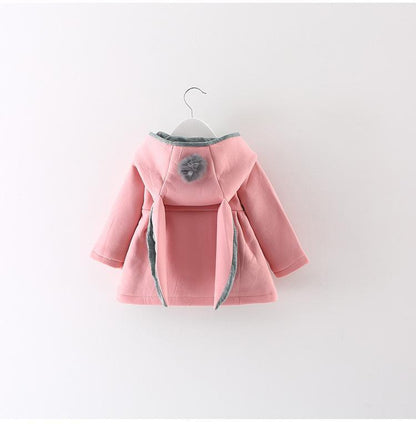 Stevvex newborn girls pink rabbit-hood coat with gray trim and fluffy pom-pom, back view on Tampa Home & Garden Store