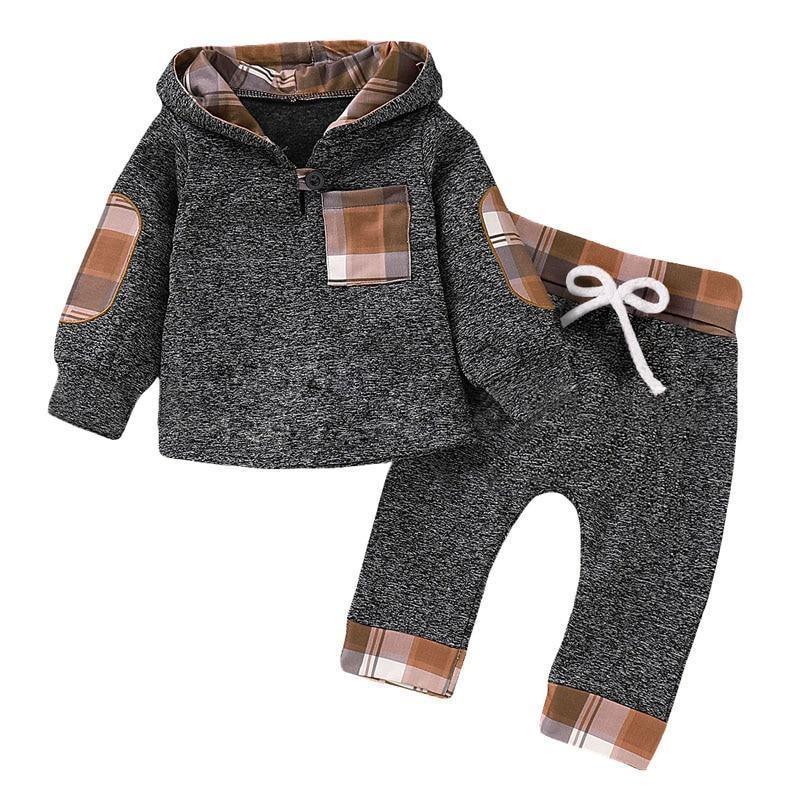 Newborn hoodie and pants 2pc outfit set Stevvex in gray knit with brown plaid patches on Tampa Home & Garden Store
