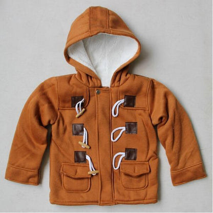 Infant hooded duffle jacket in orange-brown with white fleece lining, rope toggles, faux leather patches Stevvex on Tampa Home & Garden Store
