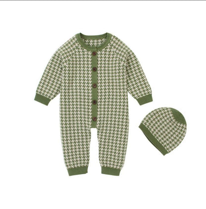 Knitted newborn romper with plaid hat in green cream cotton two-piece set by Stevvex on Tampa Home & Garden Store