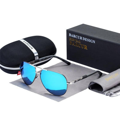 Polarized aviator sunglasses with blue lenses, metal frame Barcur design UV400 protection on Tampa Home & Garden Store