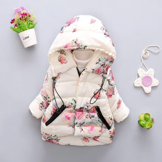Infant floral-print puffer jacket with hood, ivory base, two zip pockets ST15BY45236GJAKM on Tampa Home & Garden Store