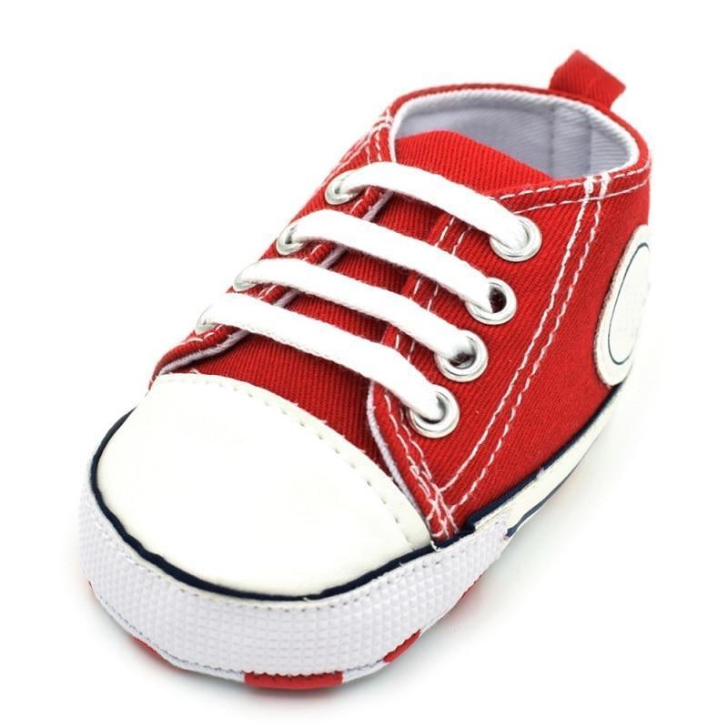 Stevvex red canvas baby first walker sneakers with white toe cap and laces on Tampa Home & Garden Store