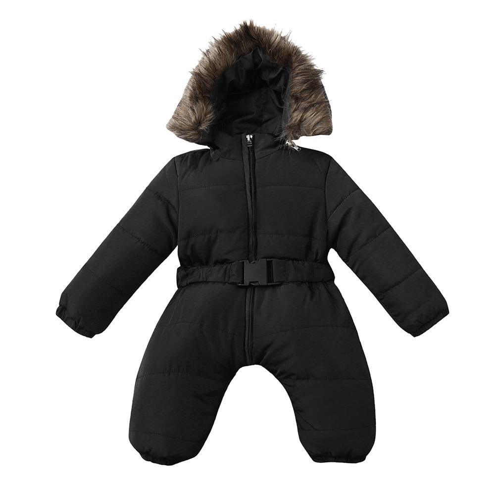 Baby snowsuit by Stevvex black padded hooded jumpsuit with fur trim belt on Tampa Home & Garden Store