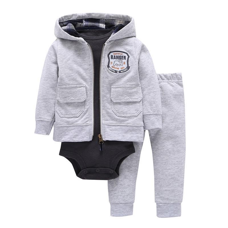 Baby cotton zip-hooded jacket set with grey pants and black romper, unisex on Tampa Home & Garden Store