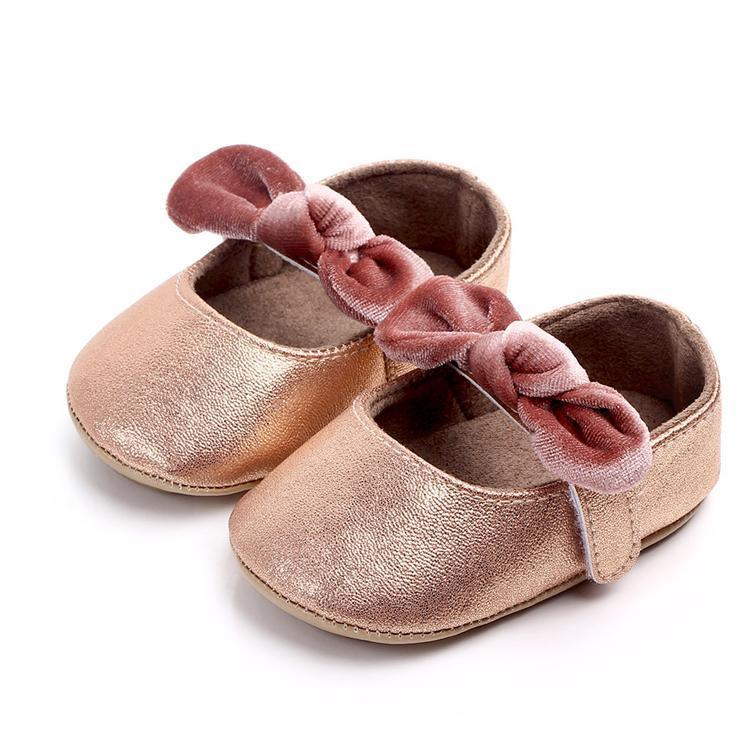 Baby shoes Stevvex infant girl first walkers with bowknot, metallic rose-gold soft sole on Tampa Home & Garden Store