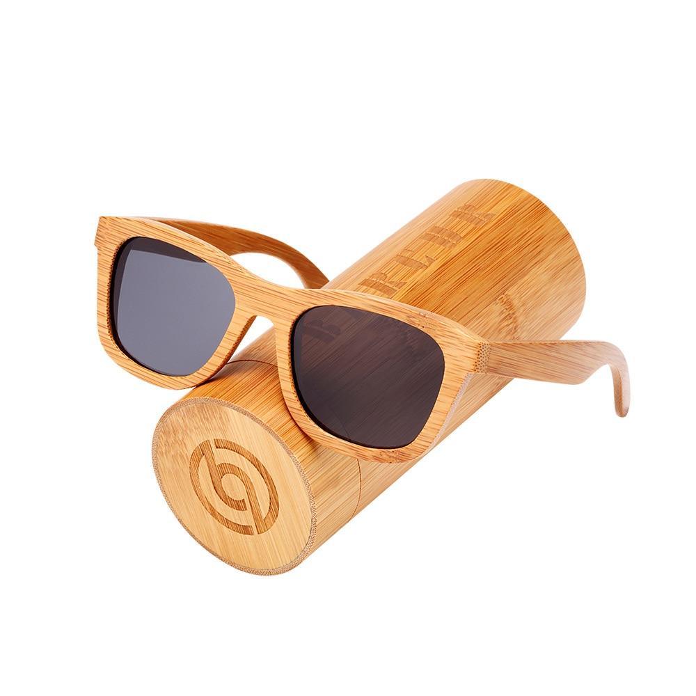 Stevvex bamboo wooden sunglasses with polarized UV400 lenses on bamboo stand on Tampa Home & Garden Store