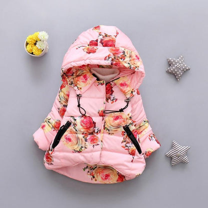 Infant pink floral puffer jacket Stevvex with hood and zip pockets on Tampa Home & Garden Store