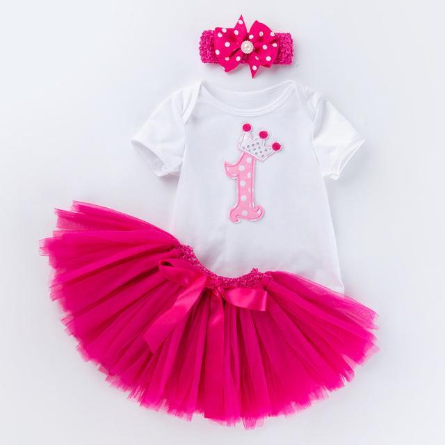 3-piece baby girl birthday outfit set white tee with pink crown applique tutu headband on Tampa Home & Garden Store