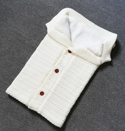 Stevvex white knitted baby swaddle wrap with hood, cozy wool knit and wooden buttons on Tampa Home & Garden Store