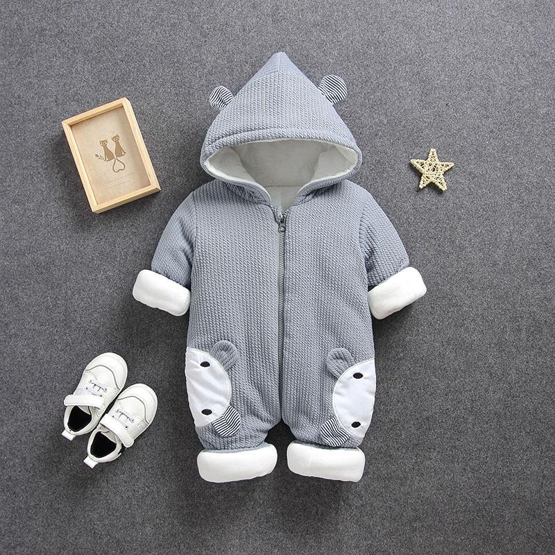 Stevvex gray knit baby jumpsuit with hood white cuffs white knee patches on Tampa Home & Garden Store
