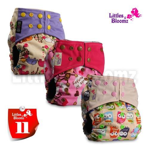 Stevvex 3-pack pocket cloth diapers in purple, pink, and owl-print beige by Littles & Bloomz on Tampa Home & Garden Store