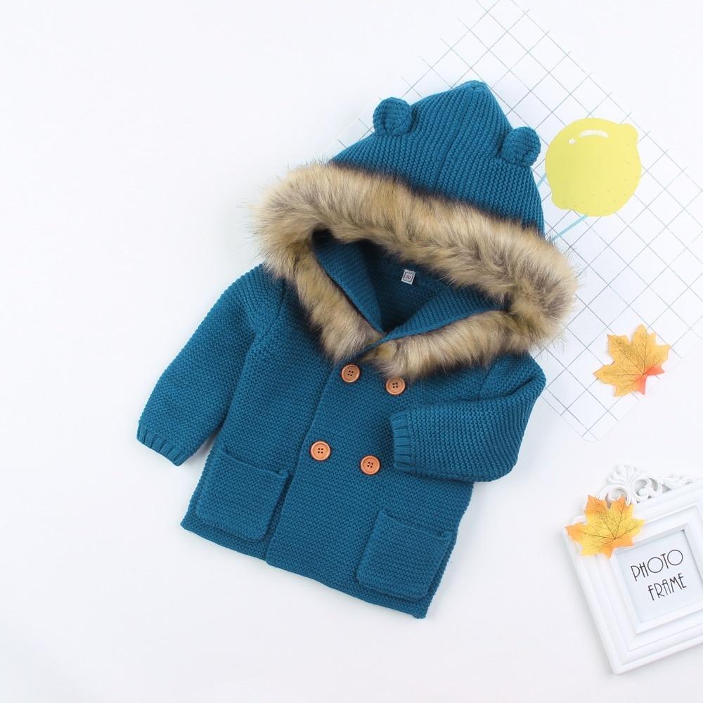 Stevvex baby knit hooded coat teal with fur trim, wooden buttons, two pockets on Tampa Home & Garden Store
