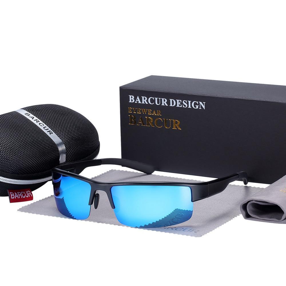 Stevvex sunglasses with blue mirrored lenses and black frame, includes Barcur case and box on Tampa Home & Garden Store