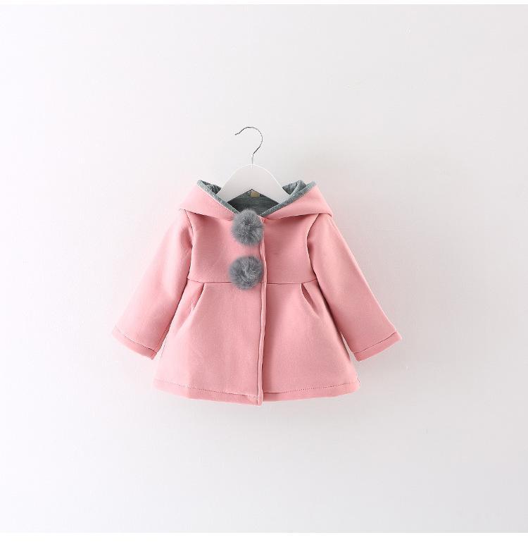 Stevvex pink newborn girls coat with hooded rabbit-ear design, gray lining and two gray pom-poms on Tampa Home & Garden Store