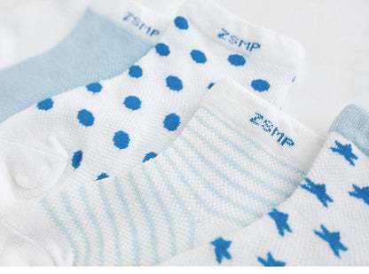 Stevvex 5-pairs kids summer mesh socks with stars and moon print breathable white with blue on Tampa Home & Garden Store
