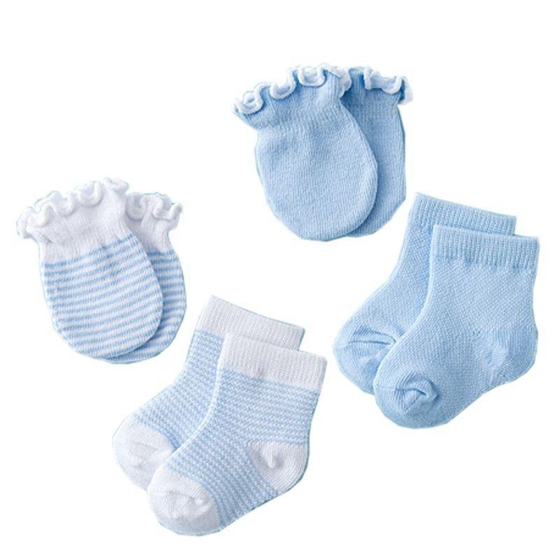Stevvex baby socks 4-pair set: white-blue striped and solid blue ankle socks, anti-scratch on Tampa Home & Garden Store