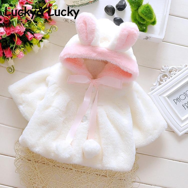 Stevvex baby plush rabbit hood coat in white with pink trim bunny ears and pink bow on Tampa Home & Garden Store