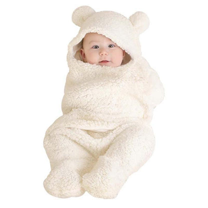 Stevvex plush bear-ear baby swaddle blanket in ivory fleece unisex newborn sleeping bag on Tampa Home & Garden Store