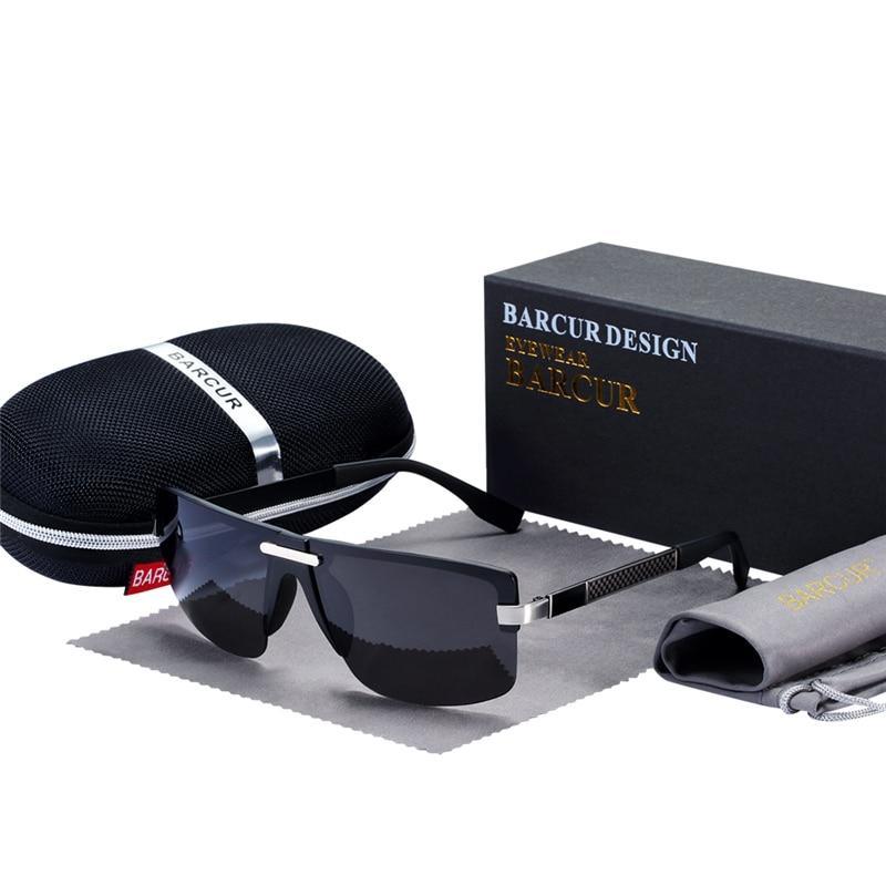 Stevvex rimless polarized sunglasses with UV400 protection, black lenses, silver temples on Tampa Home & Garden Store