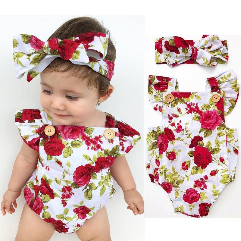 Two-piece floral baby romper set with headband in red rose print and wooden buttons Stevvex on Tampa Home & Garden Store