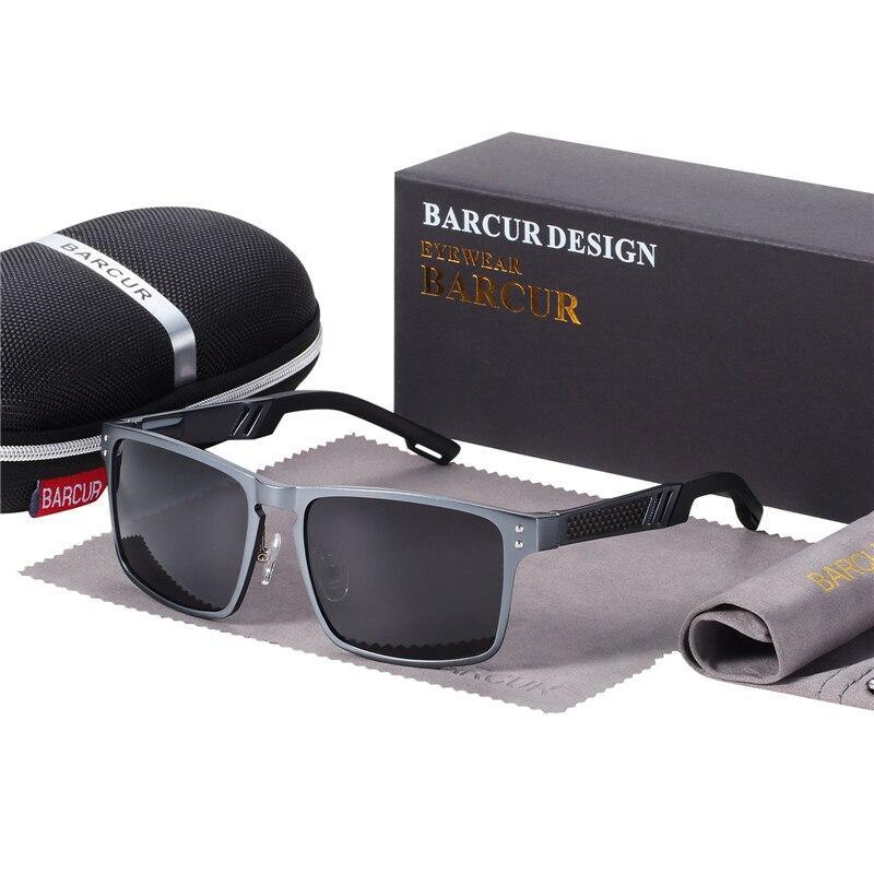 Stevvex square aluminum magnesium polarized sunglasses UV400, gray frame dark lenses Barcur box on Tampa Home & Garden Store