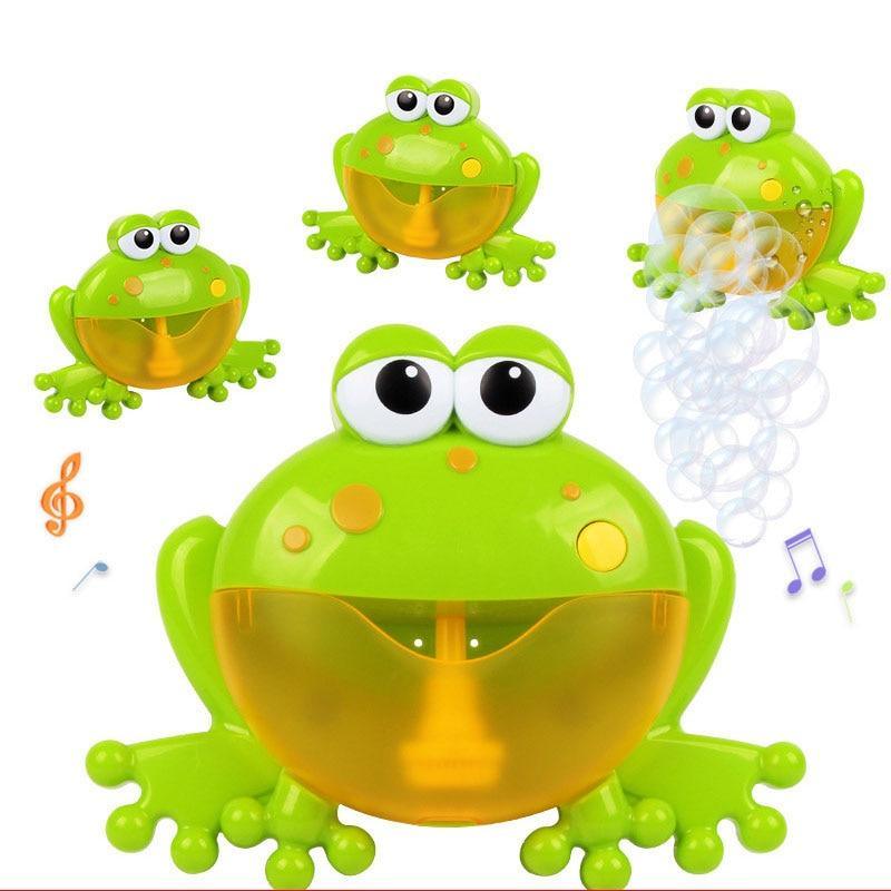Green frog bath toy bubble machine with orange bowl and 4 frogs, kid's bath toy on Tampa Home & Garden Store
