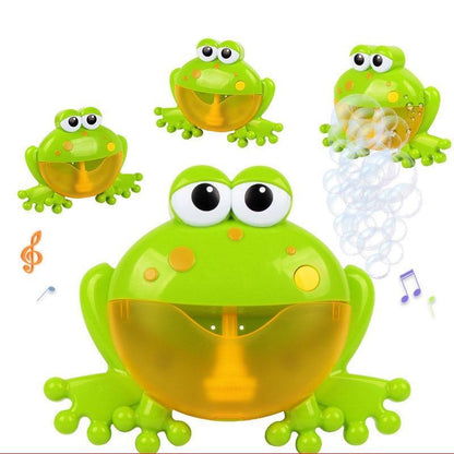 Green frog bath toy bubble machine with orange bowl and 4 frogs, kid's bath toy on Tampa Home & Garden Store