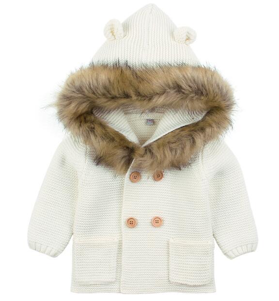 Stevvex baby knit hooded cardigan coat with fur trim, cream color, double buttons, front pockets on Tampa Home & Garden Store