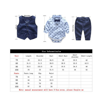 Stevvex baby boy 3-piece outfit set navy vest white polka-dot shirt with bow tie navy pants on Tampa Home & Garden Store