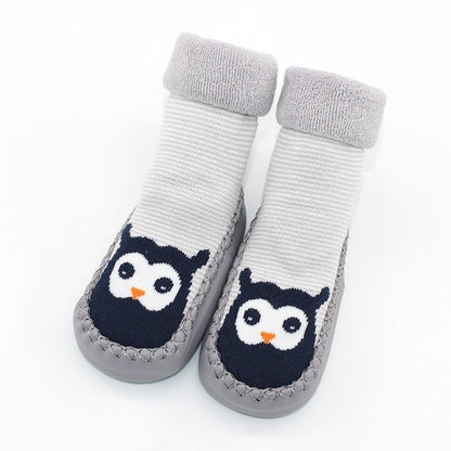Stevvex baby warm stretchy booties with rubber soles, white knit socks with navy owl on Tampa Home & Garden Store