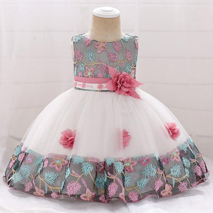 Stevvex baby girl lace tulle baptism dress with bodice, pink sash and floral appliques on Tampa Home & Garden Store