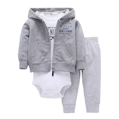 Stevvex baby cotton set: grey hooded jacket, white bodysuit, grey striped pants unisex on Tampa Home & Garden Store